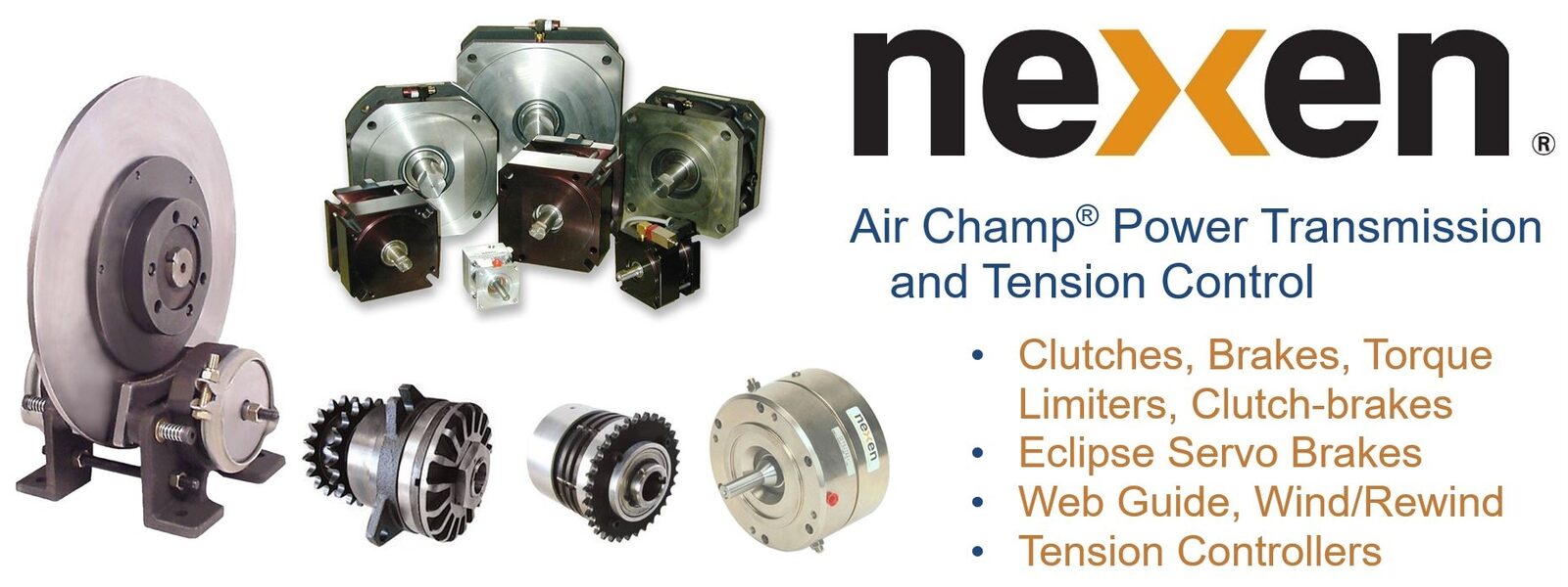 Nexen Air Champ power transmission and tension control — clutches, brakes, torque limiters, servo brakes, web guide, and tension controllers