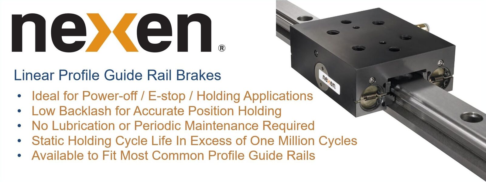 Nexen linear profile guide rail brakes — ideal for power-off and e-stop holding applications